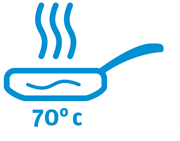 Piktogramm: eine Pfanne, in der das Essen bei 70 Grad gegart wird