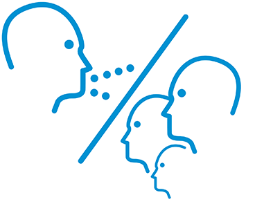 Piktogramm: Eine Barriere schützt eine Gruppe vor einer Person, die in ihre Richtung hustet